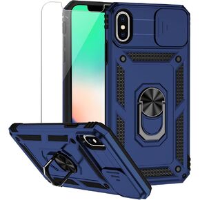 for iPhone XS Max Case with Camera Lens Cover HD Screen Protector, Dual Layer Military Grade Drop Protection Magnetic Ring Holder Kickstand Protective Phone Case for iPhone XS Max 6.5 inch (Navy Blue)