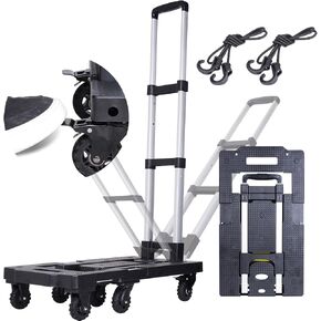 350LBS Folding Hand Truck Dolly Cart, Aluminum Portable Cart Heavy Duty Utility Dolly Trolley with Swivel Handle, Telescoping Handle, Elastic Cord, 7-inch Big Wheels for Home, Shopping, Office