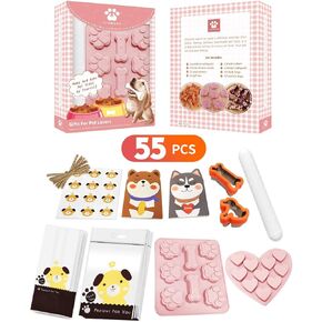 55 Pcs Dog Treat Maker, Make Your Own Dog Treats Kit for Kids, Including 2 Dog Treat Cookie Cutters and Mold, 2 Dog Treat Recipes Book, 24 Dog Treat Bags, etc.