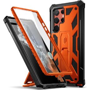 Poetic Spartan Case for Samsung Galaxy S22 Ultra 5G 6.8 inch, Built-in Screen Protector Work with Fingerprint ID, Full Body Rugged Shockproof Protective Cover Case with Kickstand, Metallic Orange