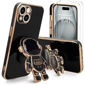 for iPhone 15 Pro Max Case, Cute 3D Astronaut Stand with [2 Screen Protector] [Camera Protection] Kickstand Shockproof Silicone Soft Cover for Apple iPhone 15 Pro Max Phone Case, Black
