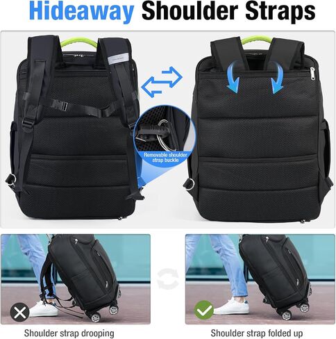Lekebobor Travel Rolling Backpack, 18 inch Waterproof Backpack with 360° Wheels for 15.6" Laptop, Convertible Airline Approved Travel Backpack for Men & Women, Business, Commuter(Black) in Saudi Arabia