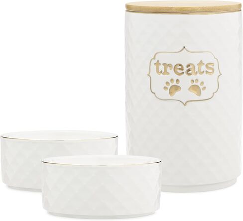 Navaris Treat Jar Set for Pets - Dog and Cat Container for Treats Plus 2 Food Bowls - Cats or Dogs Ceramic Storage Canister with Airtight Lid - White in Saudi Arabia