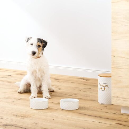Navaris Treat Jar Set for Pets - Dog and Cat Container for Treats Plus 2 Food Bowls - Cats or Dogs Ceramic Storage Canister with Airtight Lid - White in Saudi Arabia