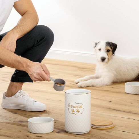 Navaris Treat Jar Set for Pets - Dog and Cat Container for Treats Plus 2 Food Bowls - Cats or Dogs Ceramic Storage Canister with Airtight Lid - White in Saudi Arabia