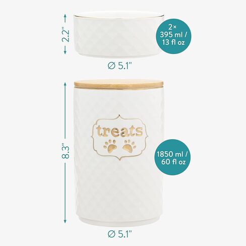 Navaris Treat Jar Set for Pets - Dog and Cat Container for Treats Plus 2 Food Bowls - Cats or Dogs Ceramic Storage Canister with Airtight Lid - White in Saudi Arabia