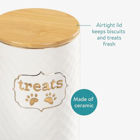 Navaris Treat Jar Set for Pets - Dog and Cat Container for Treats Plus 2 Food Bowls - Cats or Dogs Ceramic Storage Canister with Airtight Lid - White in Saudi Arabia