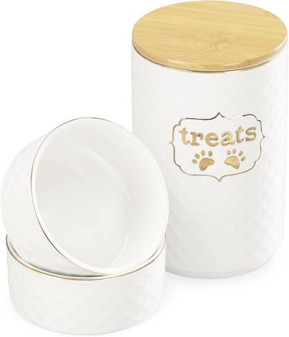 Navaris Treat Jar Set for Pets - Dog and Cat Container for Treats Plus 2 Food Bowls - Cats or Dogs Ceramic Storage Canister with Airtight Lid - White in Saudi Arabia