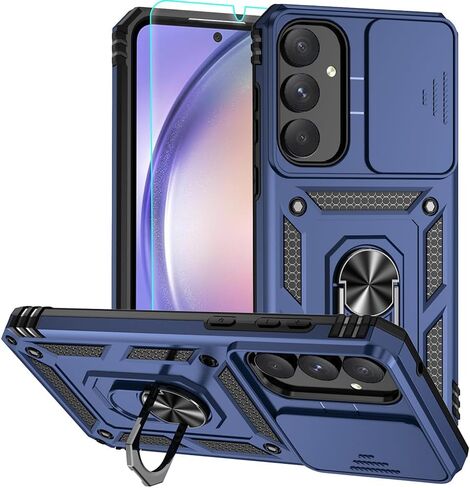 for Samsung Galaxy A35 5G Case, Soft Silicone Rubber Bumper Hard Plastic Phone Case with [Sliding Camera Lens Cover] [360° Rotatable Kickstand Ring] [HD Screen Protector] for Galaxy A35 5G Blue in Saudi Arabia