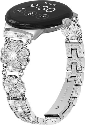 FitTurn Four-leaf lucky grass design Metal Watch Band Compatible with Google Pixel Watch 3 41mm/Pixel Watch 2/Pixel Watch for Women Men Replacement Wristbands Strap with Bling Crystal Rhinestone Band Strap in Saudi Arabia