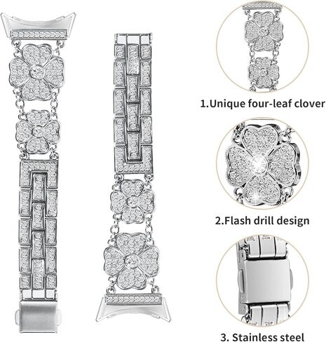 FitTurn Four-leaf lucky grass design Metal Watch Band Compatible with Google Pixel Watch 3 41mm/Pixel Watch 2/Pixel Watch for Women Men Replacement Wristbands Strap with Bling Crystal Rhinestone Band Strap in Saudi Arabia