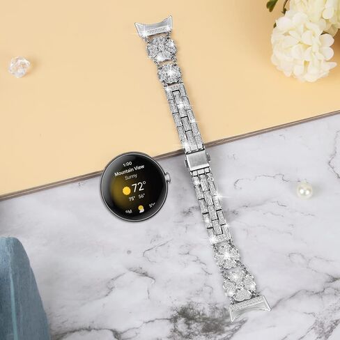 FitTurn Four-leaf lucky grass design Metal Watch Band Compatible with Google Pixel Watch 3 41mm/Pixel Watch 2/Pixel Watch for Women Men Replacement Wristbands Strap with Bling Crystal Rhinestone Band Strap in Saudi Arabia