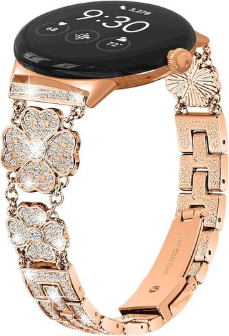 FitTurn Four-leaf lucky grass design Metal Watch Band Compatible with Google Pixel Watch 3 41mm/Pixel Watch 2/Pixel Watch for Women Men Replacement Wristbands Strap with Bling Crystal Rhinestone Band Strap in Saudi Arabia