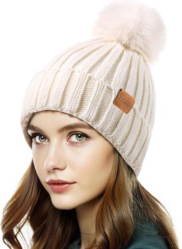 Womens Winter Beanie Hat Fleece Lined Warm Skull Cap with Faux Fur Pom Cuff Knitted Hat for Women in Saudi Arabia