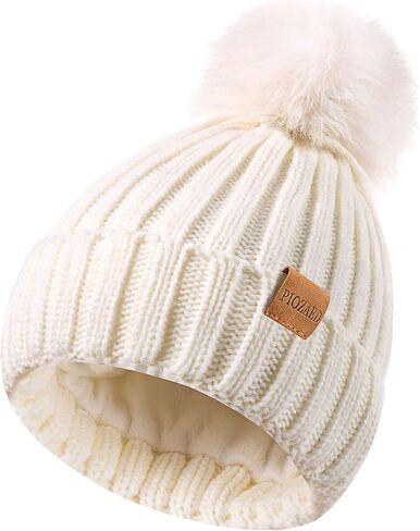 Womens Winter Beanie Hat Fleece Lined Warm Skull Cap with Faux Fur Pom Cuff Knitted Hat for Women in Saudi Arabia
