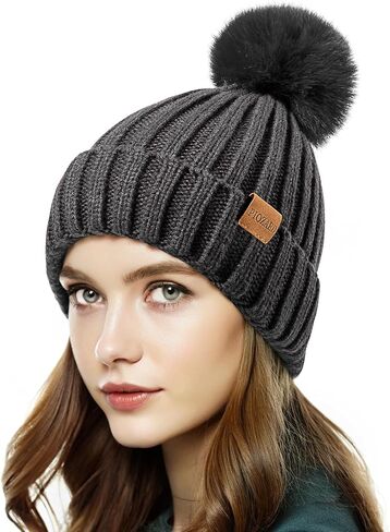 Womens Winter Beanie Hat Fleece Lined Warm Skull Cap with Faux Fur Pom Cuff Knitted Hat for Women in Saudi Arabia