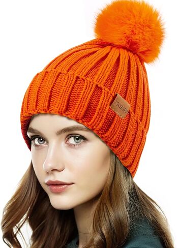 Womens Winter Beanie Hat Fleece Lined Warm Skull Cap with Faux Fur Pom Cuff Knitted Hat for Women in Saudi Arabia