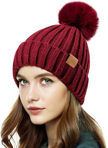 Womens Winter Beanie Hat Fleece Lined Warm Skull Cap with Faux Fur Pom Cuff Knitted Hat for Women in Saudi Arabia