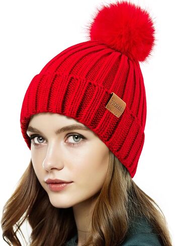 Womens Winter Beanie Hat Fleece Lined Warm Skull Cap with Faux Fur Pom Cuff Knitted Hat for Women in Saudi Arabia