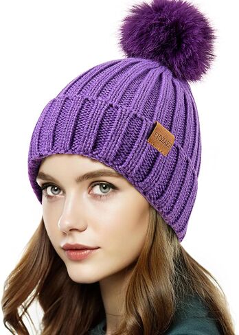 Womens Winter Beanie Hat Fleece Lined Warm Skull Cap with Faux Fur Pom Cuff Knitted Hat for Women in Saudi Arabia
