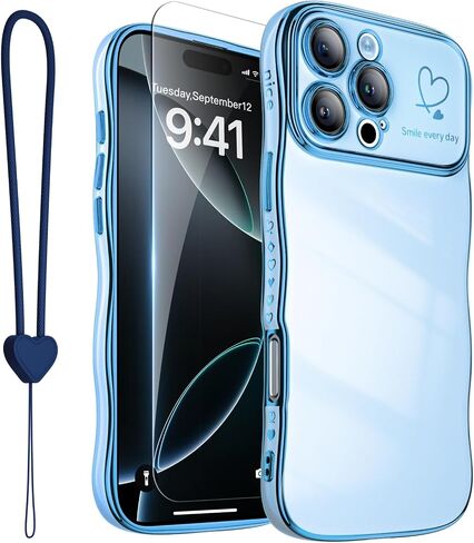 for iPhone 16 Pro Max Case with Screen Protector, Wrist Strap, Women Cute Wave Frame Curly Shape Heart Phone Case, Raised Camera Protection Cover, Luxury Chrome Cases for iPhone 16promax 6.9inch in Saudi Arabia