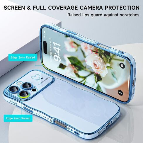 for iPhone 16 Pro Max Case with Screen Protector, Wrist Strap, Women Cute Wave Frame Curly Shape Heart Phone Case, Raised Camera Protection Cover, Luxury Chrome Cases for iPhone 16promax 6.9inch in Saudi Arabia
