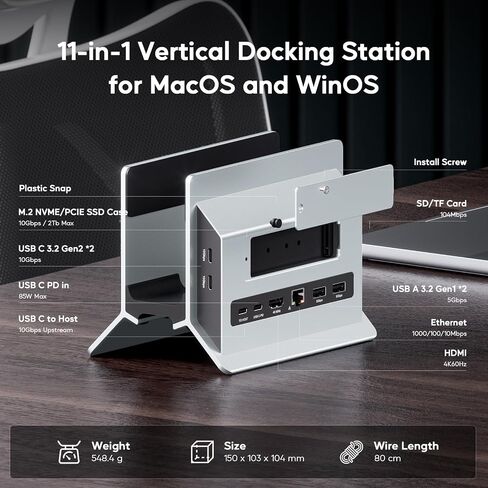 قاعدة توصيل USB C عمودية لجهاز MacBook Pro/Air، تدعم توسيع M.2 SSD، 4K@60 هرتز HDMI، 2 USB-C بسرعة 10 جيجابت في الثانية، 2 USB-A، RJ45، SD/TF وUSB-C 100 واط PD Dock لنوع C أجهزة الكمبيوتر المحمولة ماك / ويندوز in Kuwait