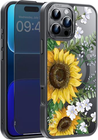 حافظة FUNMIKO لهاتف iPhone 16 Pro Max مع واقي شاشة للخصوصية، متوافق مع الشحن اللاسلكي، غطاء غير لامع شفاف مقاوم للصدمات - حافظة هاتف بتصميم زهور لطيفة للنساء والفتيات - عباد الشمس المتفتحة in Saudi Arabia