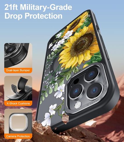حافظة FUNMIKO لهاتف iPhone 16 Pro Max مع واقي شاشة للخصوصية، متوافق مع الشحن اللاسلكي، غطاء غير لامع شفاف مقاوم للصدمات - حافظة هاتف بتصميم زهور لطيفة للنساء والفتيات - عباد الشمس المتفتحة in Saudi Arabia