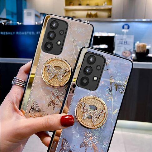 حافظة بمسند لهاتف Galaxy A14 5G، غطاء رخامي لطيف على شكل فراشة زهرية مع حامل حلقي، غطاء واقٍ أنيق مضاد للصدمات للفتيات والنساء لهاتف Samsung A14 5G (ذهبي وردي) in Kuwait