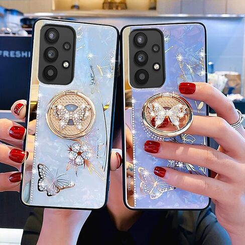 حافظة بمسند لهاتف Galaxy A14 5G، غطاء رخامي لطيف على شكل فراشة زهرية مع حامل حلقي، غطاء واقٍ أنيق مضاد للصدمات للفتيات والنساء لهاتف Samsung A14 5G (ذهبي وردي) in Kuwait