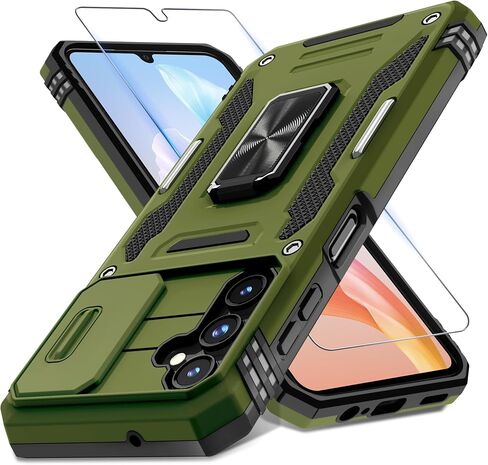 DEERLAMN Case for Samsung Galaxy A25 5G with Slide Camera Cover+Screen Protector (1 Pack),Rotated Ring Kickstand Military Grade Shockproof Protective Cover-Olive Green in Kuwait