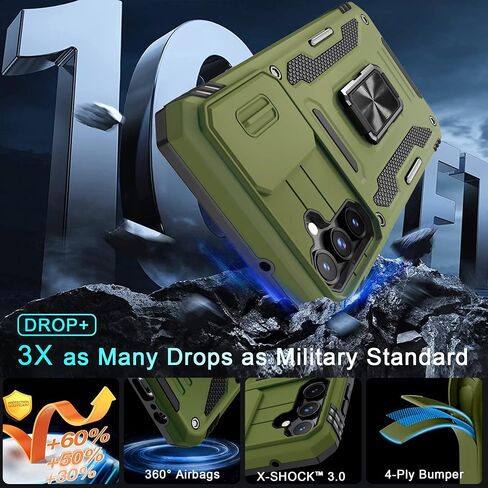 DEERLAMN Case for Samsung Galaxy A25 5G with Slide Camera Cover+Screen Protector (1 Pack),Rotated Ring Kickstand Military Grade Shockproof Protective Cover-Olive Green in Kuwait