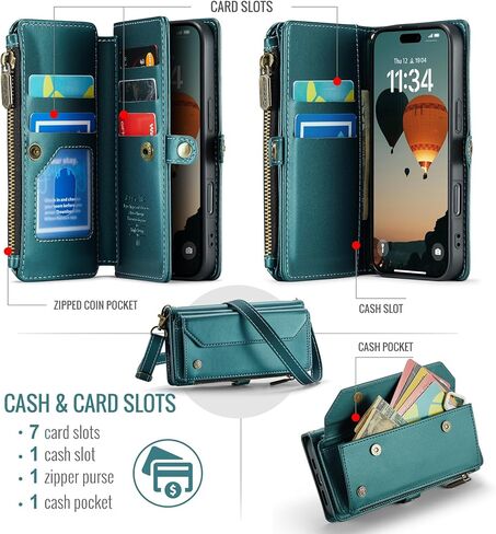 حافظة لهاتف آيفون 16 برو، حافظة محفظة متعددة الوظائف للنساء والرجال مع حامل RFID تتميز بسحاب إغلاق مغناطيسي يتضمن حزام كتف وحزام معصم (أسود) in Kuwait
