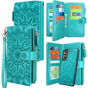 Harryshell Detachable Magnetic Zipper Wallet Leather Case with Cash Coin Pocket 12 Card Slots Holder Wrist Strap Lanyard Compatible with Samsung Galaxy S21 FE 5G (2022) Flower (Teal)