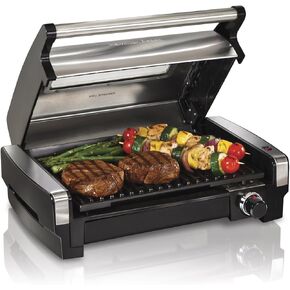 Hamilton Beach Electric Indoor Searing Grill with Adjustable Temperature Control to 450F, Removable Nonstick Grate, 118 sq. in. Surface Serves 6, Stainless Steel