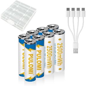 USB Lithium ion Rechargeable AA Battery, High Capacity 1.5V 2500mWh Rechargeable AA Battery, Fast Charge, 1200 Cycle with Type C Port Cable, Constant Output (4 Pack)
