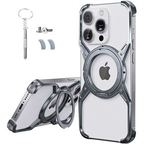 Frameless Magnetic Case for iPhone 16 Pro Max with Stand [Compatible with MagSafe] [Rotatable Ring Kickstand] Bezel Less Minimalist Luxury Metal Heat Dissipation Slim Shockproof Case for Men Women