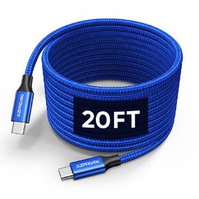 20Ft USB C Cable White, 60W Extra Long USB C to USB C Cable Fast Charging, Nylon Braided Type C to C Charger Cable for iphone 16 15 Series/ipad Pro/Macbook Pro/Air/Pixel/Samsung Galaxy/Switch and More