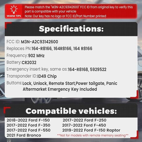 Beefunny استبدال الوجه البعيد مفتاح الدخول بدون مفتاح فوب لفورد F-150 F-250 F-350 F-450 F-550 2017-2022 برونكو 2021 FCC ID: M3N-A2C93142600 PN: 164-R8166 5 أزرار 902MHz ID49Chip (مع رقاقة) in Kuwait
