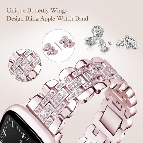 Metal Strap for Apple Watch Band 42mm(Series 10)/41mm/40mm/38mm, Bling Stainless Steel Bracelet Work for Apple Watch Bands Series 9 8 7 SE 6 5 4 3, Elegant Jewelry Bangle for iWatch Women Rose Gold in Kuwait