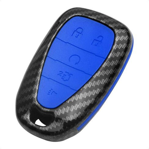 TANGSEN Key Fob Case Compatible with Chevrolet Chevy Blazer Camaro Cruze Equinox Malibu Sonic Traverse TRAX 5 Button Keyless Entry Remote Black Carbon Fiber Pattern ABS Blue Silicone Cover in Saudi Arabia