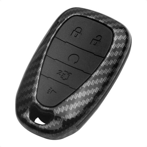 TANGSEN Key Fob Case Compatible with Chevrolet Chevy Blazer Camaro Cruze Equinox Malibu Sonic Traverse TRAX 5 Button Keyless Entry Remote Black Carbon Fiber Pattern ABS Blue Silicone Cover in Saudi Arabia