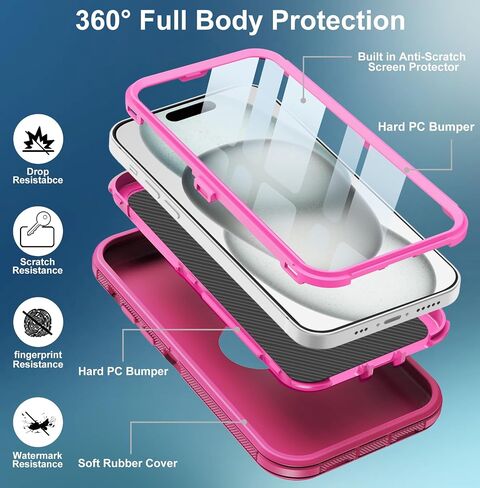 for iPhone 15 Case, with Built in Screen Protector Heavy Duty Drop Protection,Full Body 3 Layer Rugged Shockproof Dust Proof Tough Protective Phone Cover for Apple iPhone 15 Black in Kuwait