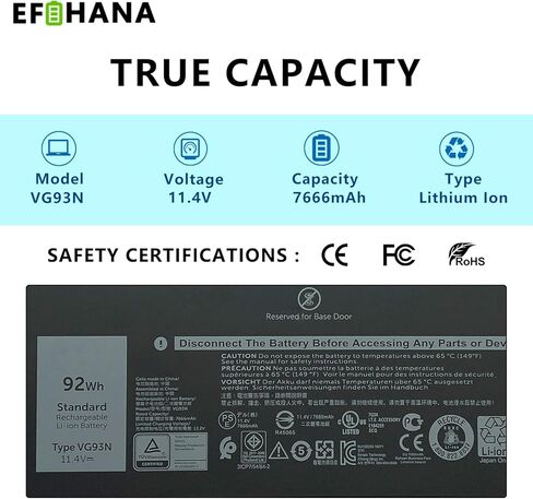 بطارية الكمبيوتر المحمول VG93N 92Wh متوافقة مع Dell Latitude 15 5580 5590 5591 E5580 E5590 E5591 Precision 15 3520 3530 M3520 M3530 Series Notebook WFWKK 0WFWKK 0VG93N 11.4V 92Wh 7666mAh 6 خلايا in Kuwait