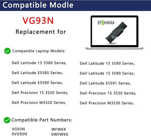 بطارية الكمبيوتر المحمول VG93N 92Wh متوافقة مع Dell Latitude 15 5580 5590 5591 E5580 E5590 E5591 Precision 15 3520 3530 M3520 M3530 Series Notebook WFWKK 0WFWKK 0VG93N 11.4V 92Wh 7666mAh 6 خلايا in Kuwait