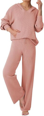 مجموعة سترة Pink Queen للنساء بلوفر بغطاء للرأس متطابق مع بنطال واسع الساق وفضفاض محبوك مع جيب in Saudi Arabia