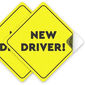 Student Driver Sticker Sign for Car - Essential New Driver Signs - NON MAGNETIC Window Cling - 2 Pack, 5" by 5" Decal - Bright Yellow and SEE-THROUGH when Reversing - Best Safety Stickers for Learners - No Need for Magnets Which Can Damage Paint - Durable