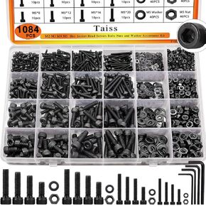 Taiss 1084PCS M2 M3 M4 M5 Hex Socket Head Cap Metric Screws with Nuts/Washer/Wrenches,Metric Screw kit,12.9 Carbon Steel Socket Head Screws,Machine Screws Set