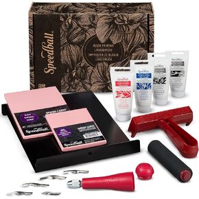 Speedball Deluxe Block Printing Kit - Includes Inks, Brayer, Bench Hook, Lino Handle and Cutters, Speedy-Carve Block, Mounted Linoleum Block